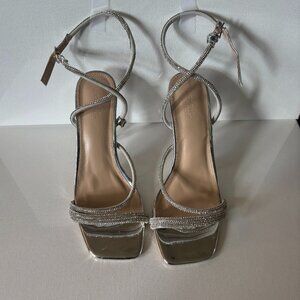 Charlotte Russe Rhinestone Strappy Silver Heels | Size 8 | Square Toe